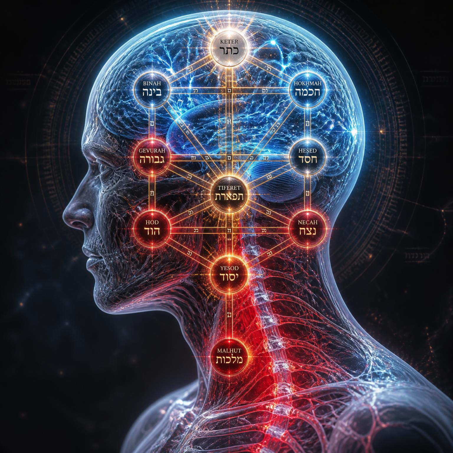 Composição visual do método NeuroCabala®: cérebro, sistema nervoso e Árvore da Vida com as 10 Sefirot